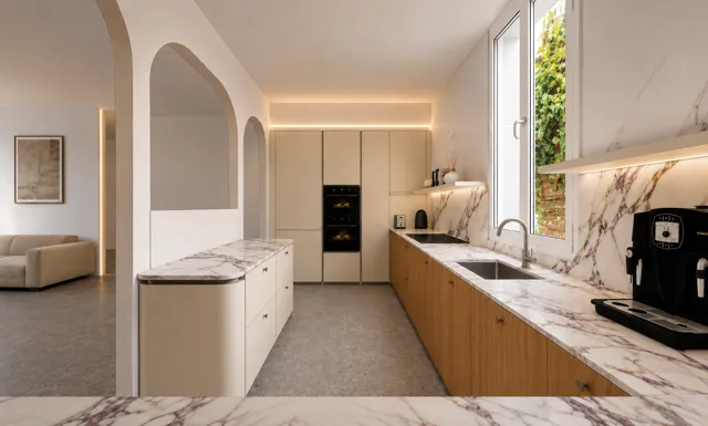 Render — Cucina in legno e pietra venata tra archi e soggiorno