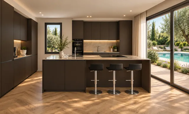Render — Cucina scura con isola affacciata sul giardino