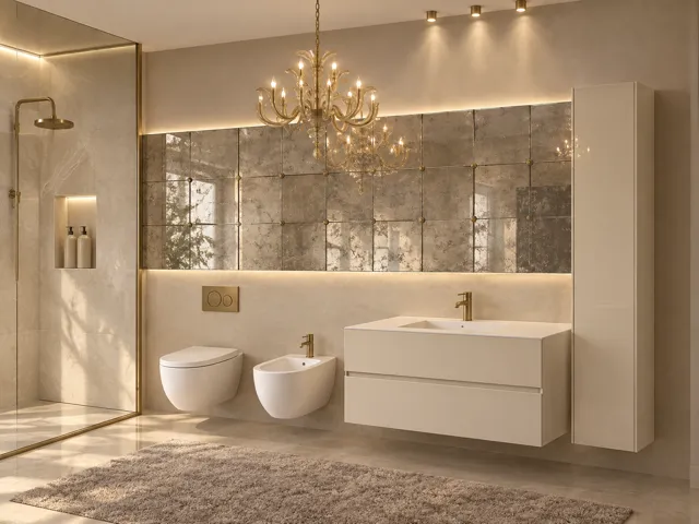 Render — Bagno con mobile sospeso, specchi e dettagli dorati