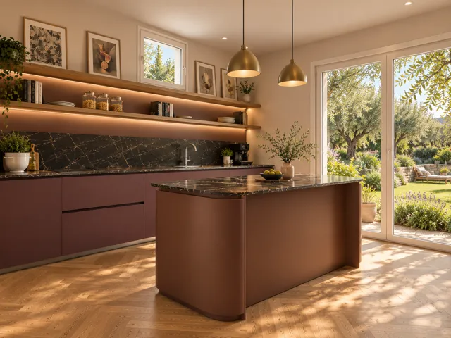 Render — Cucina color terracotta con isola curva e mensole in legno