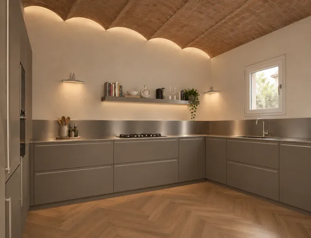 Render — Cucina ad angolo sotto un soffitto a volte in mattoni