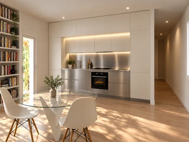 Render — Cucina lineare bianca e acciaio con tavolo rotondo in vetro