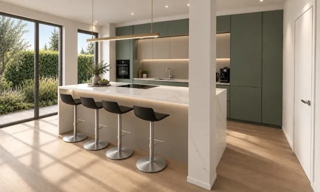 Render — Vista laterale della cucina verde con isola
