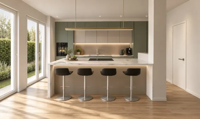 Render — Vista frontale della cucina verde con isola illuminata