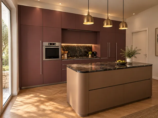 Render — Cucina bordeaux con isola e piano scuro venato
