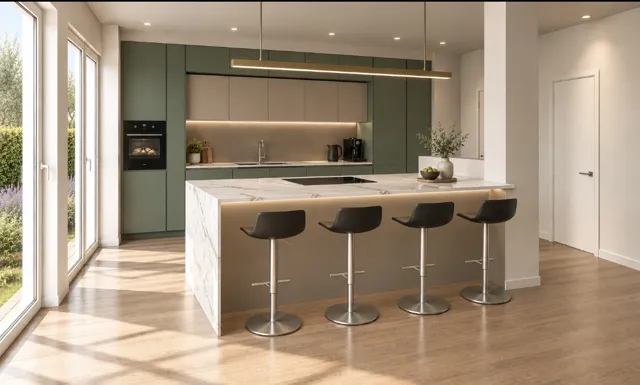 Render — Cucina verde con isola chiara e quattro sgabelli