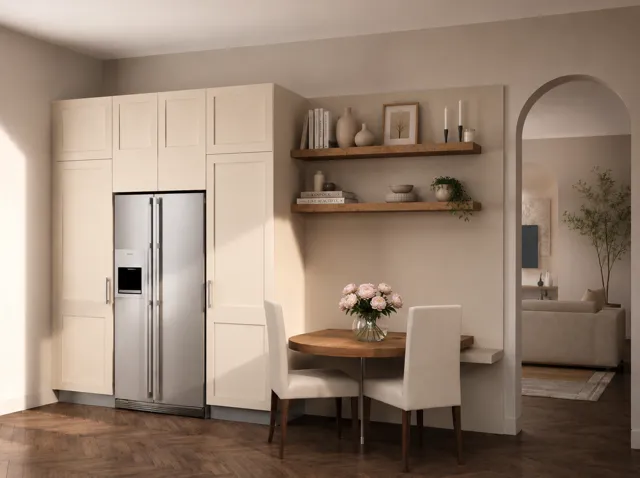 Render — Colonne chiare con frigorifero e angolo pranzo